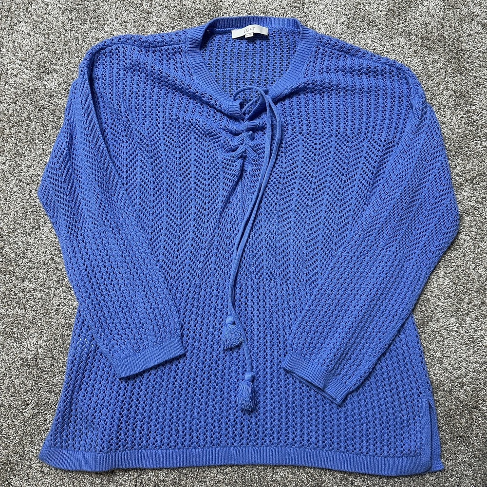 LOFT Womens Sweater sz XXL Blue Neck Open Knit‎ Long Sleeve Lightweight Pullover